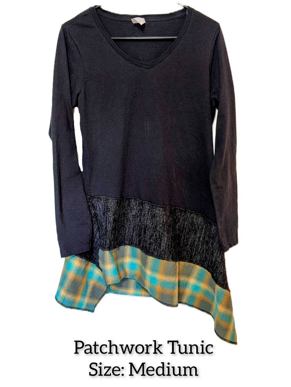 Patchwork Tunic Long Sleeve Top in Black with Teal Plaid